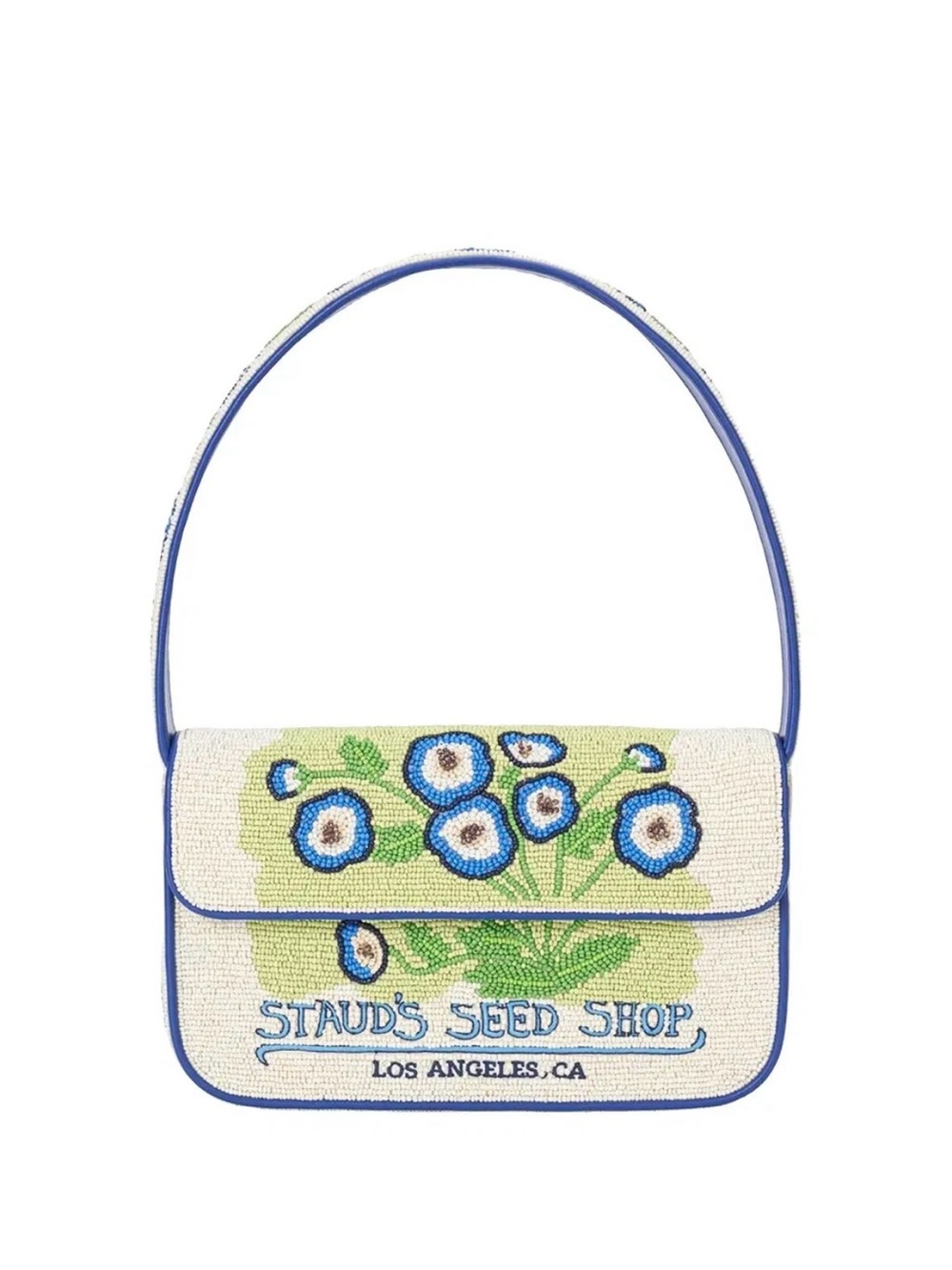 STAUD Seed Shop Beaded Shoulder Bag - White with Blue and Green Floral